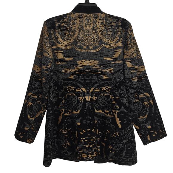 Chico's Flocked Tapestry Duster Jacket Size Large /2 Black Gold Pockets Velvet - Picture 7 of 10